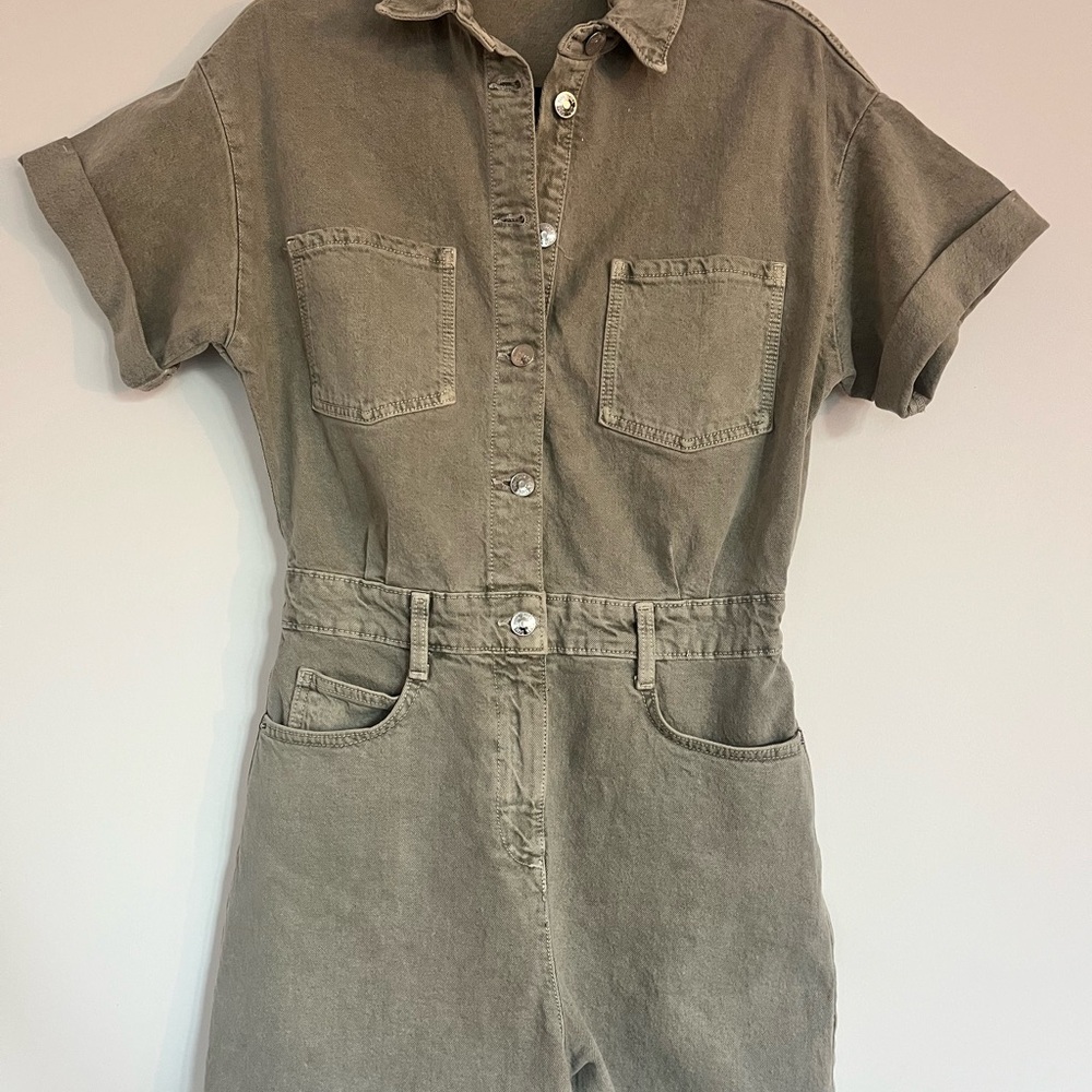Zara Khaki Button-Up Jumpsuit